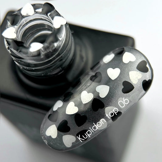 NAILSOFTHEDAY Kupidon top 06 — top con corazones blancos y negros, sin capa pegajosa, 10 ml