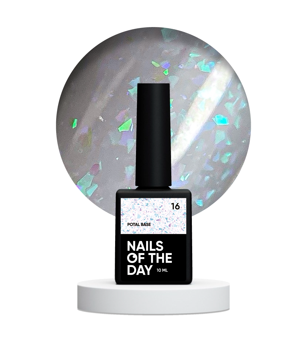 NAILSOFTHEDAY Potal base 16 – base lechosa suave con elegante potal holográfico, 10 ml