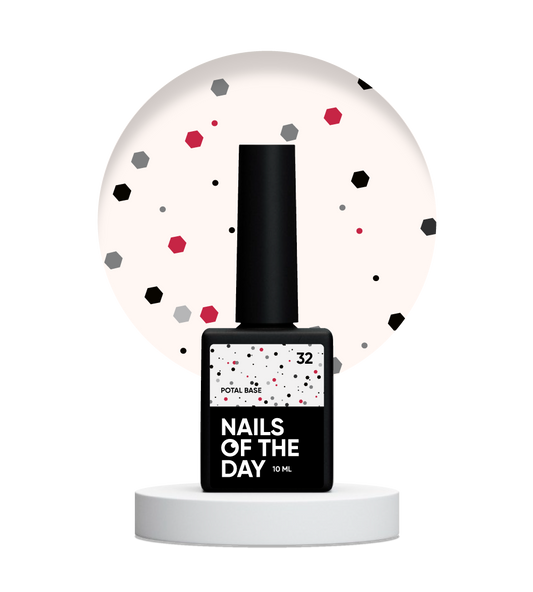 NAILSOFTHEDAY Potal base 32 — base lechosa con destellos negros y rojos, 10 ml
