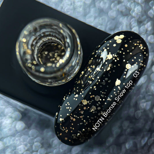 NAILSOFTHENIGHT Bronze Snow top 03 — revestimiento de acabado con hexágonos de bronce de diferentes tamaños, sin capa pegajosa, 10 ml