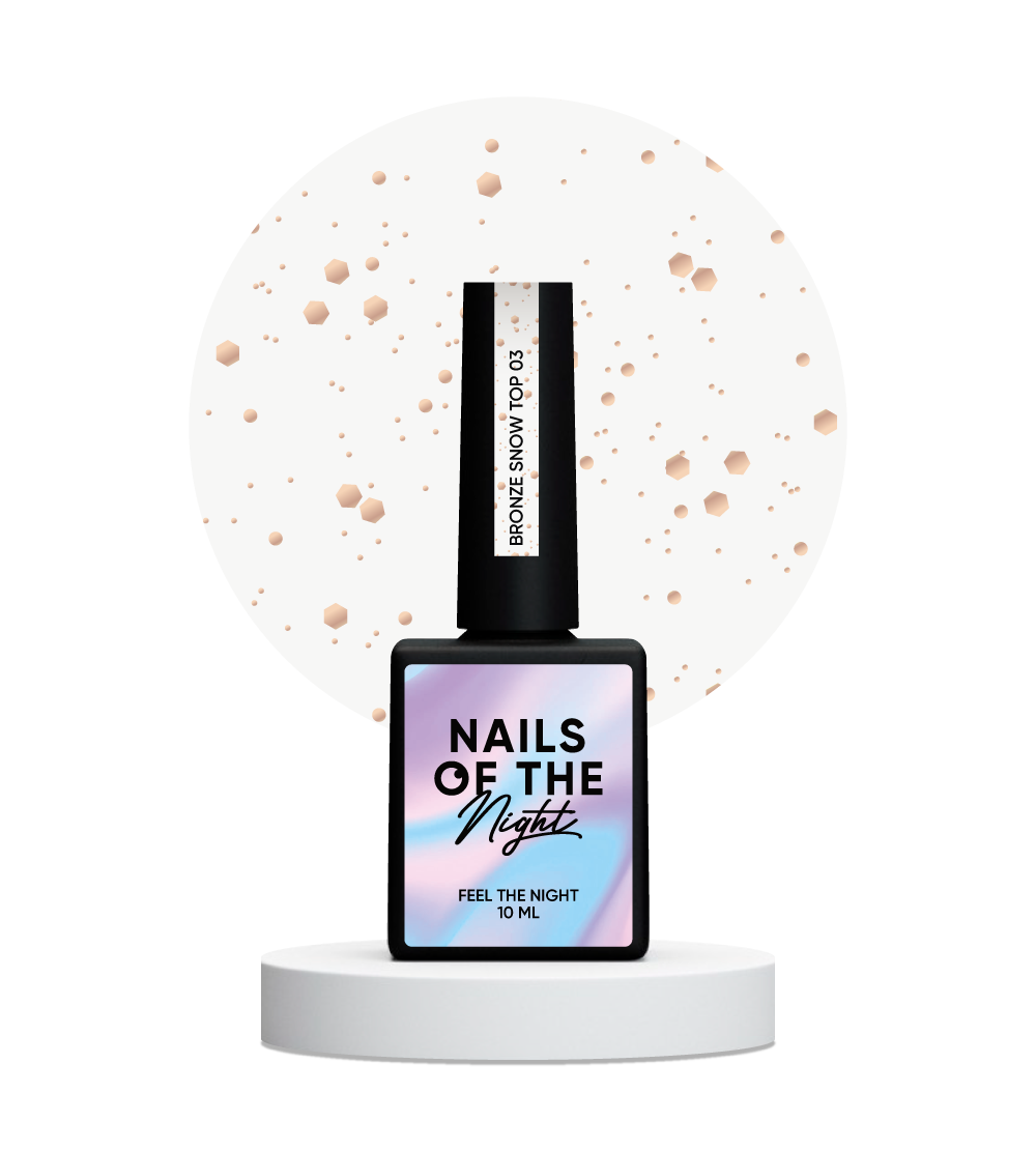 NAILSOFTHENIGHT Bronze Snow top 03 — revestimiento de acabado con hexágonos de bronce de diferentes tamaños, sin capa pegajosa, 10 ml