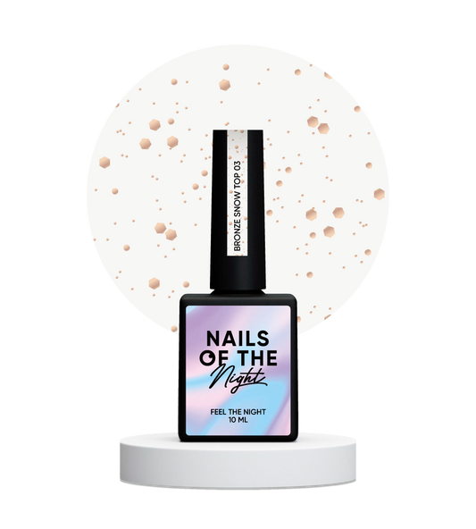 NAILSOFTHENIGHT Bronze Snow top 03 — revestimiento de acabado con hexágonos de bronce de diferentes tamaños, sin capa pegajosa, 10 ml