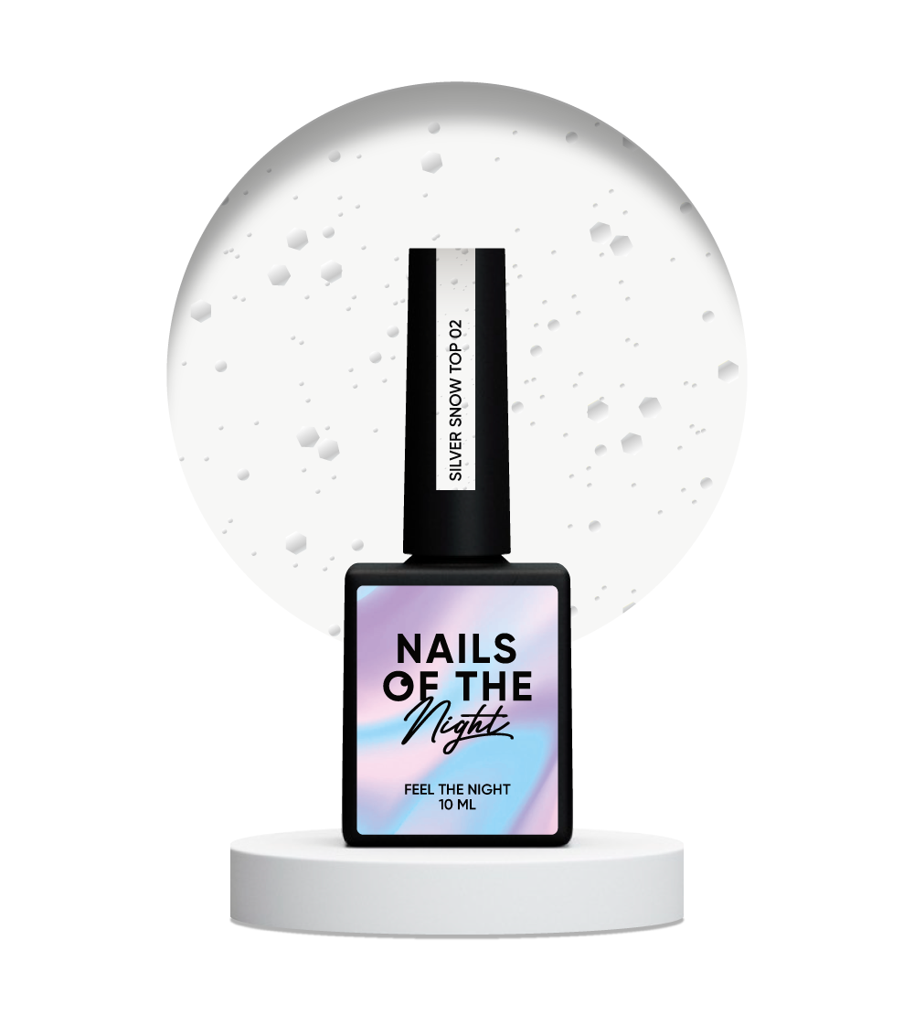 NAILSOFTHENIGHT Silver Snow top 02 — revestimiento de acabado con hexágonos plateados de diferentes tamaños, sin capa pegajosa, 10 ml