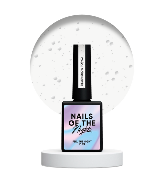 NAILSOFTHENIGHT Silver Snow top 02 — revestimiento de acabado con hexágonos plateados de diferentes tamaños, sin capa pegajosa, 10 ml