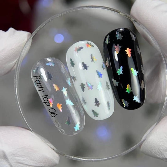 NAILSOFTHEDAY Party Top 06 — capa final con purpurina holográfica en forma de árbol, sin capa pegajosa, 10 ml.