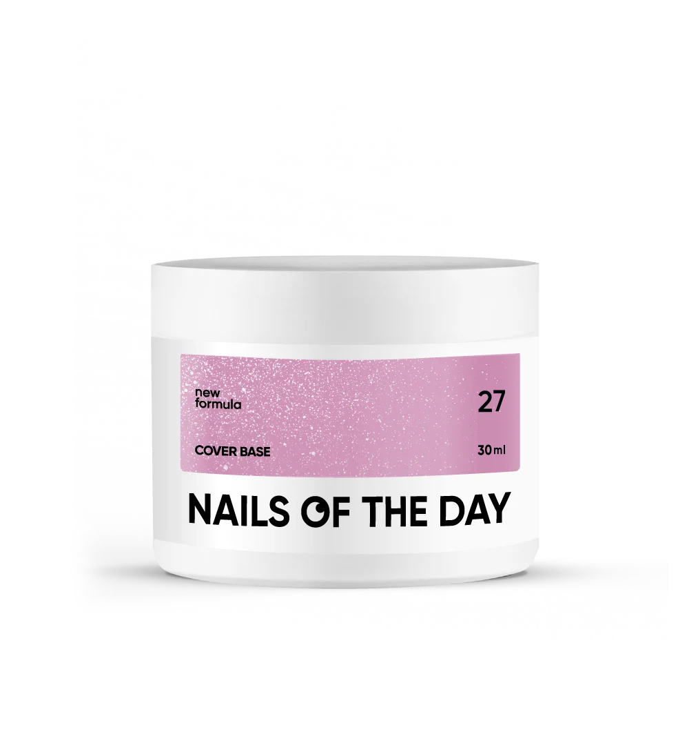 Nailsoftheday Cover base NEW Formula 27 — rosa con shimmer plateado, con un tono rosa frío más intenso, una base camuflaje para uñas, 30 ml.