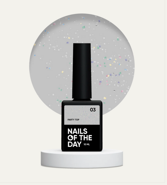 NAILSOFTHEDAY Party top 03 — transparente con purpurina holográfica sin capa pegajosa para uñas, 10 ml