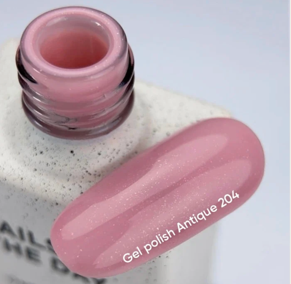 NAILSOFTHEDAY Gel Polish Antique 204 — esmalte semipermanente rosa empolvado con shimmer y cobertura en una sola capa, 10 ml