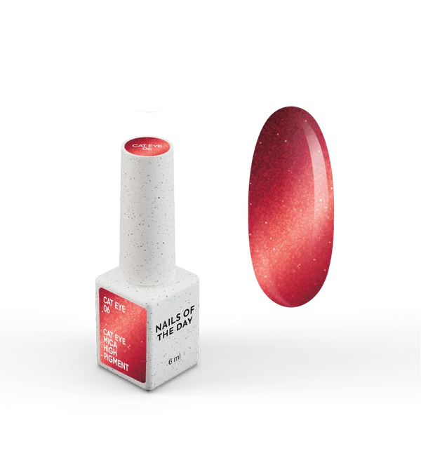NAILSOFTHEDAY Gel Polish Cat Eye 06 — esmalte semipermanente rojo efecto ojo de gato con partículas metálicas finas y un ligero efecto reflectante. Cobertura total en una sola capa. 6 ml.