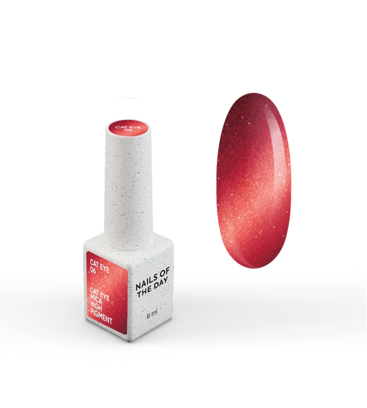 NAILSOFTHEDAY Gel Polish Cat Eye 06 — esmalte semipermanente rojo efecto ojo de gato con partículas metálicas finas y un ligero efecto reflectante. Cobertura total en una sola capa. 6 ml.