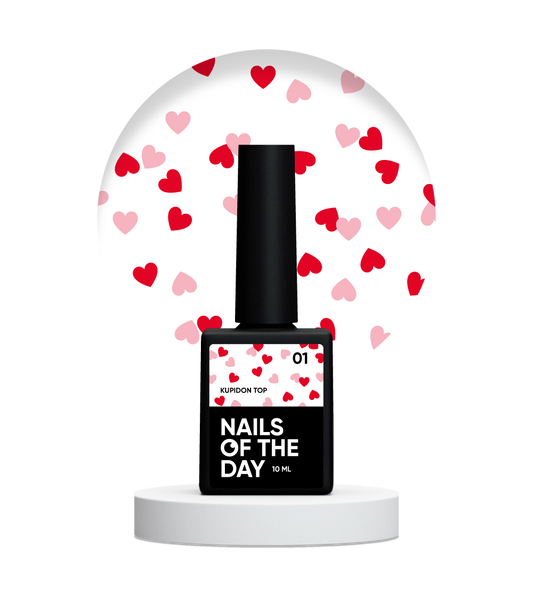 NAILSOFTHEDAY Kupidon top 01: un acabado delicado para uñas con corazones de color rojo intenso y rosa, sin capa pegajosa, 10 ml