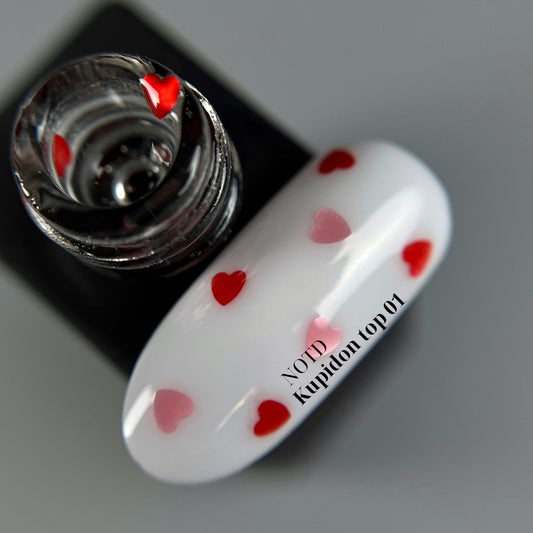 NAILSOFTHEDAY Kupidon top 01: un acabado delicado para uñas con corazones de color rojo intenso y rosa, sin capa pegajosa, 10 ml