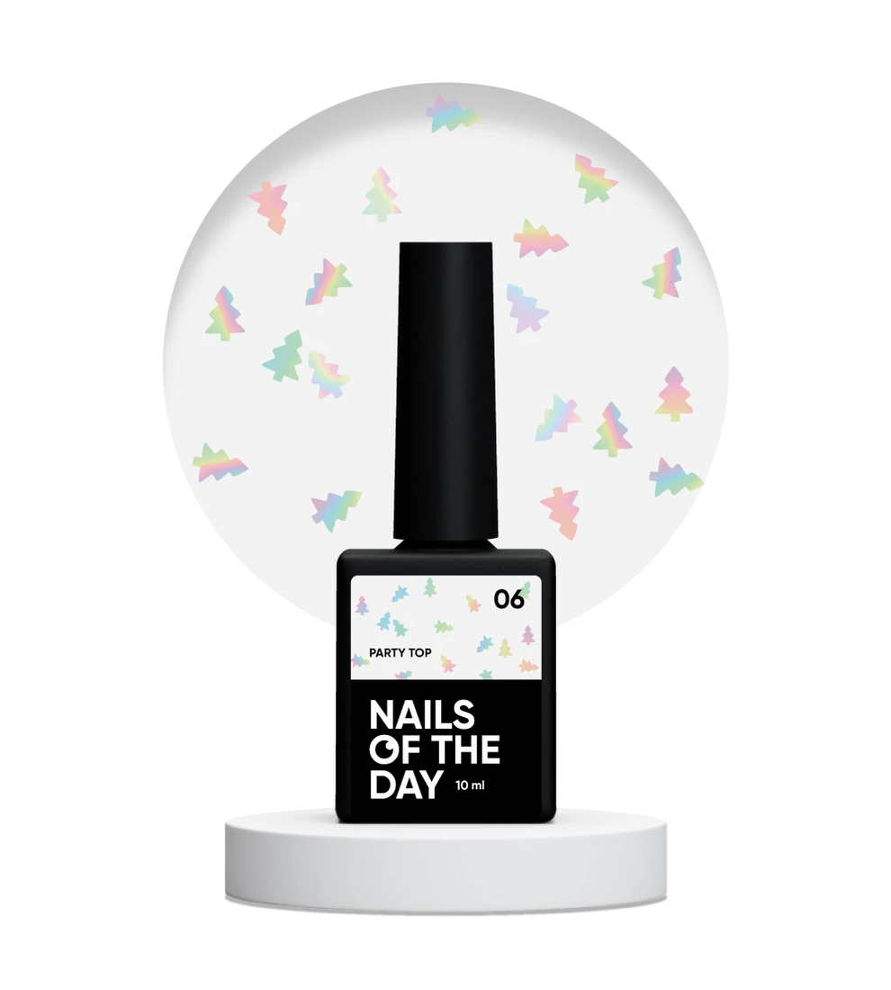 NAILSOFTHEDAY Party Top 06 — capa final con purpurina holográfica en forma de árbol, sin capa pegajosa, 10 ml.