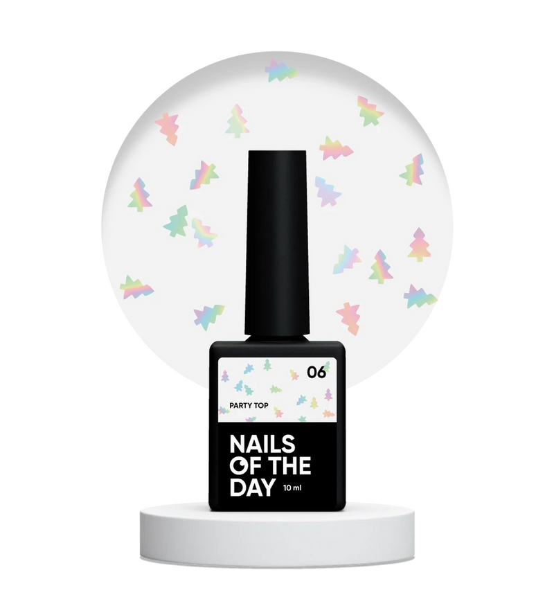 NAILSOFTHEDAY Party Top 06 — capa final con purpurina holográfica en forma de árbol, sin capa pegajosa, 10 ml.