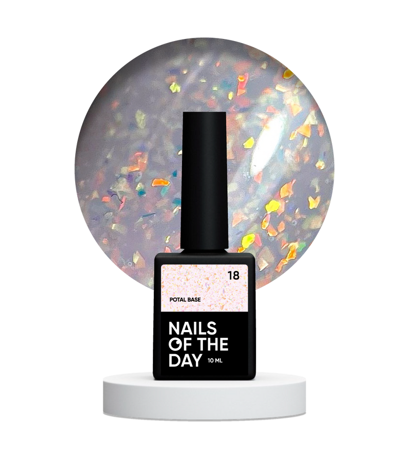NAILSOFTHEDAY Potal base 18 – base lechosa suave con decoracion holográfica y elegante, 10 ml