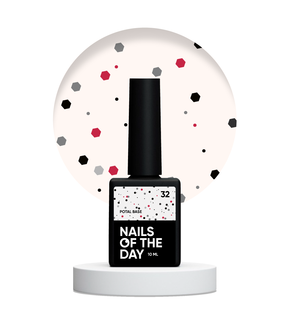 NAILSOFTHEDAY Potal base 32 — base lechosa con destellos negros y rojos, 10 ml