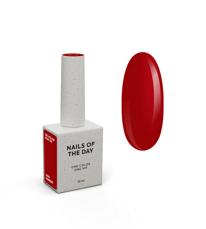 NAILSOFTHEDAY Gel Polish Rich 139— esmalte semipermanente rojo intenso con cobertura completa en una sola capa. 10 ml.